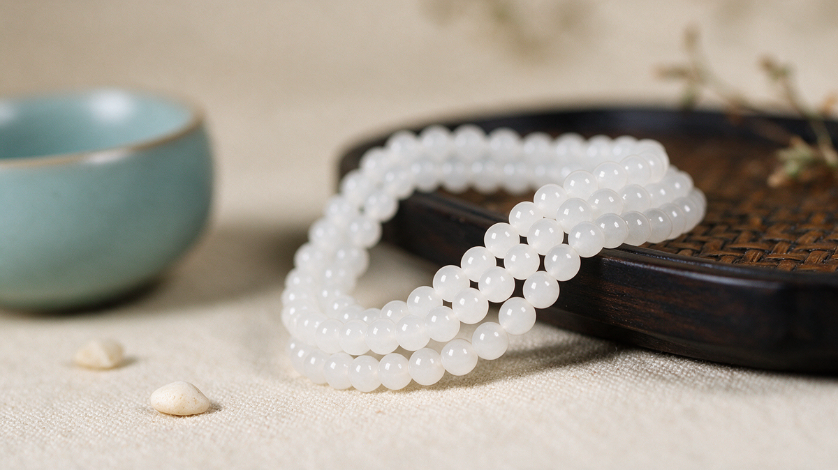 White Hetian jade triple-wrap bracelet — natural nephrite, detail view 9