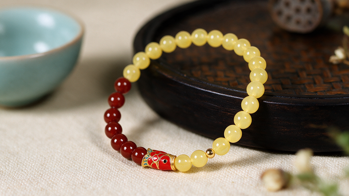 Lucky Koi Beeswax & Red Agate Bracelet — Cloisonné Charm