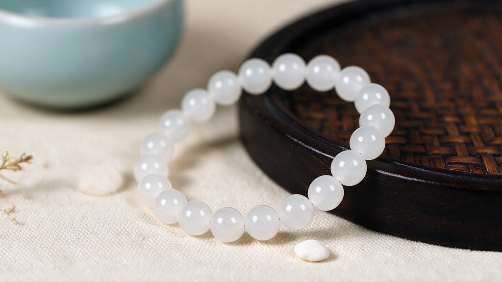 White Hetian jade bead bracelet — natural nephrite, detail view 8