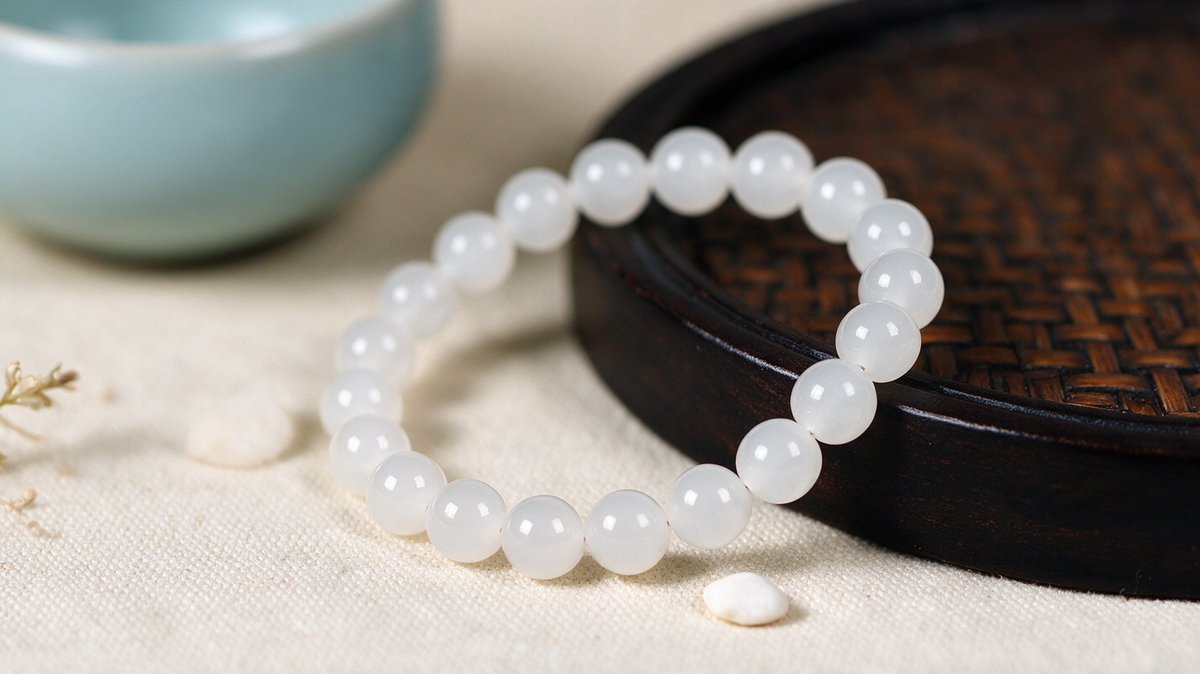 White Hetian jade bead bracelet — natural nephrite, detail view 8