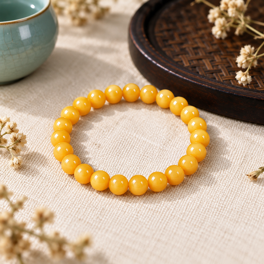 Butter-yellow beeswax amber bracelet styled in a warm lifestyle scene