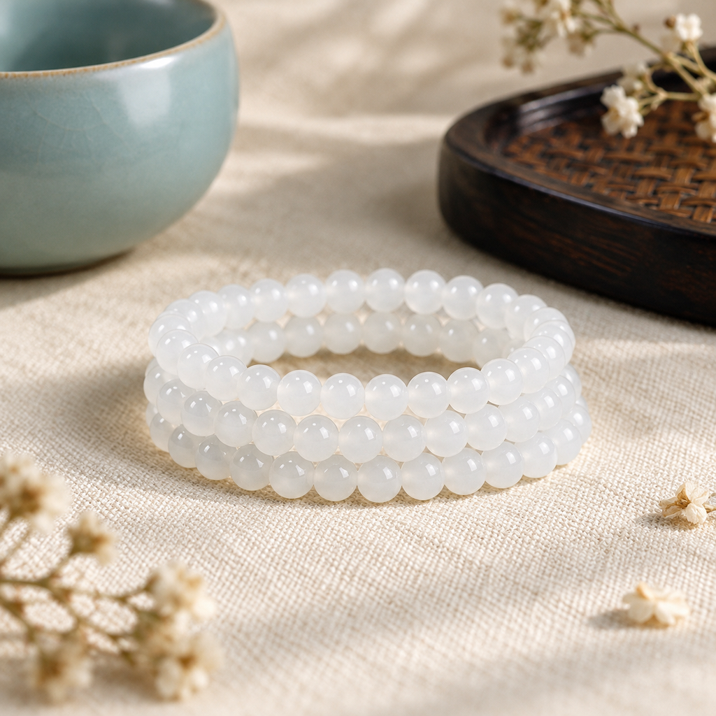White Hetian jade triple-wrap bracelet styled in a lifestyle scene