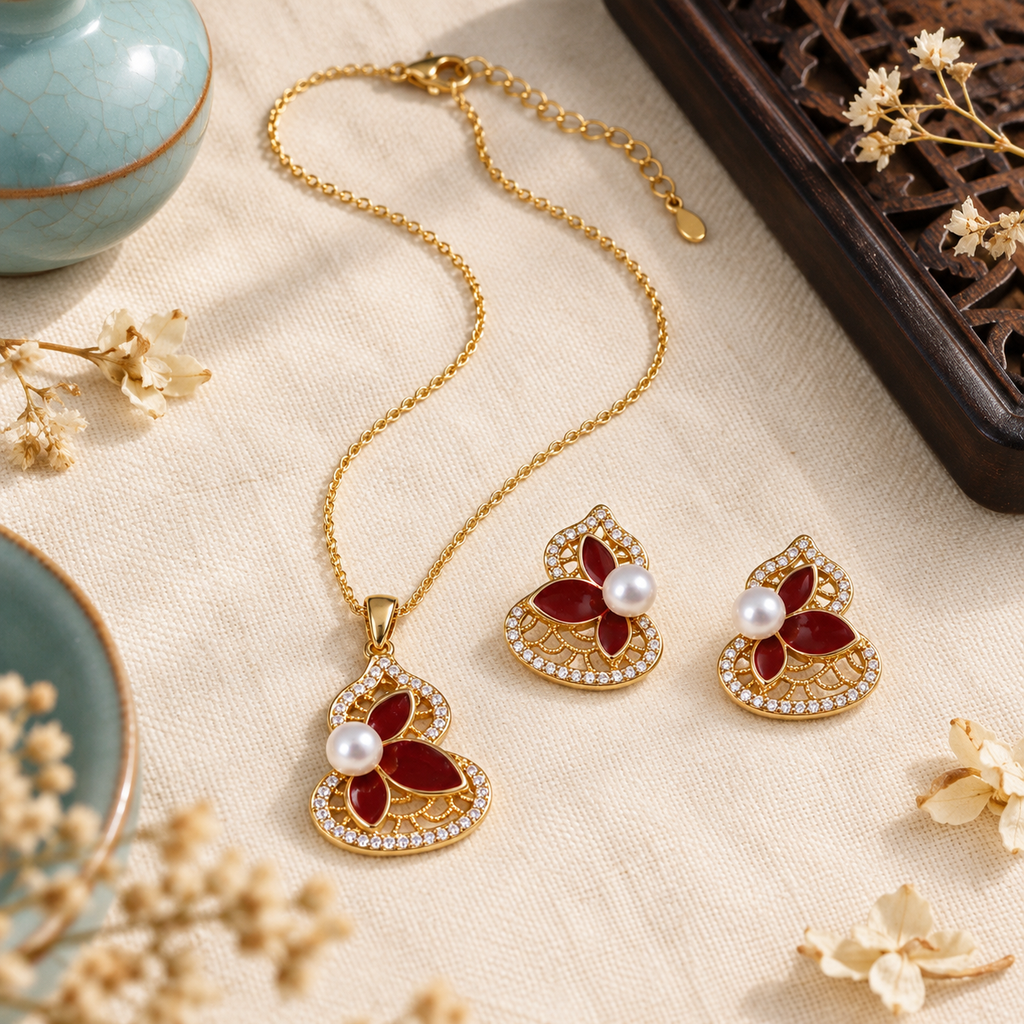 Gold lotus pearl jewelry set styled in a lifestyle scene