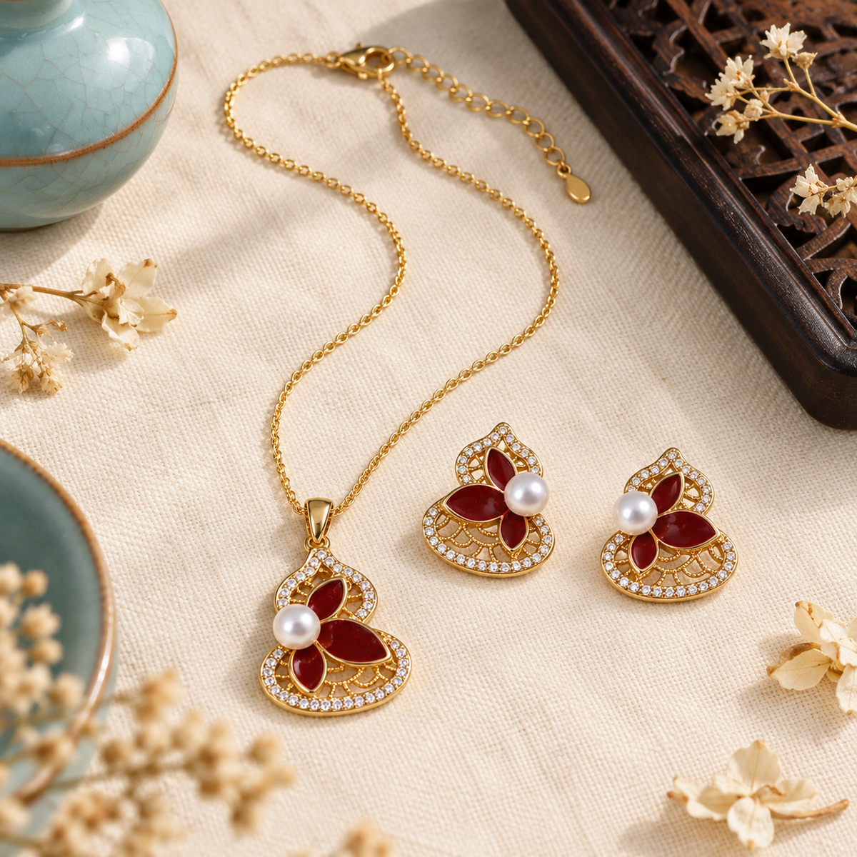 Gold lotus pearl jewelry set styled in a lifestyle scene