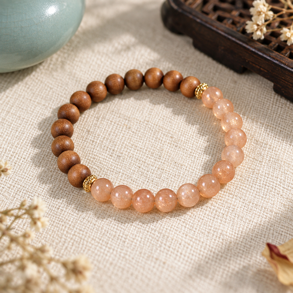 Sunstone and sandalwood bracelet styled in a warm lifestyle scene