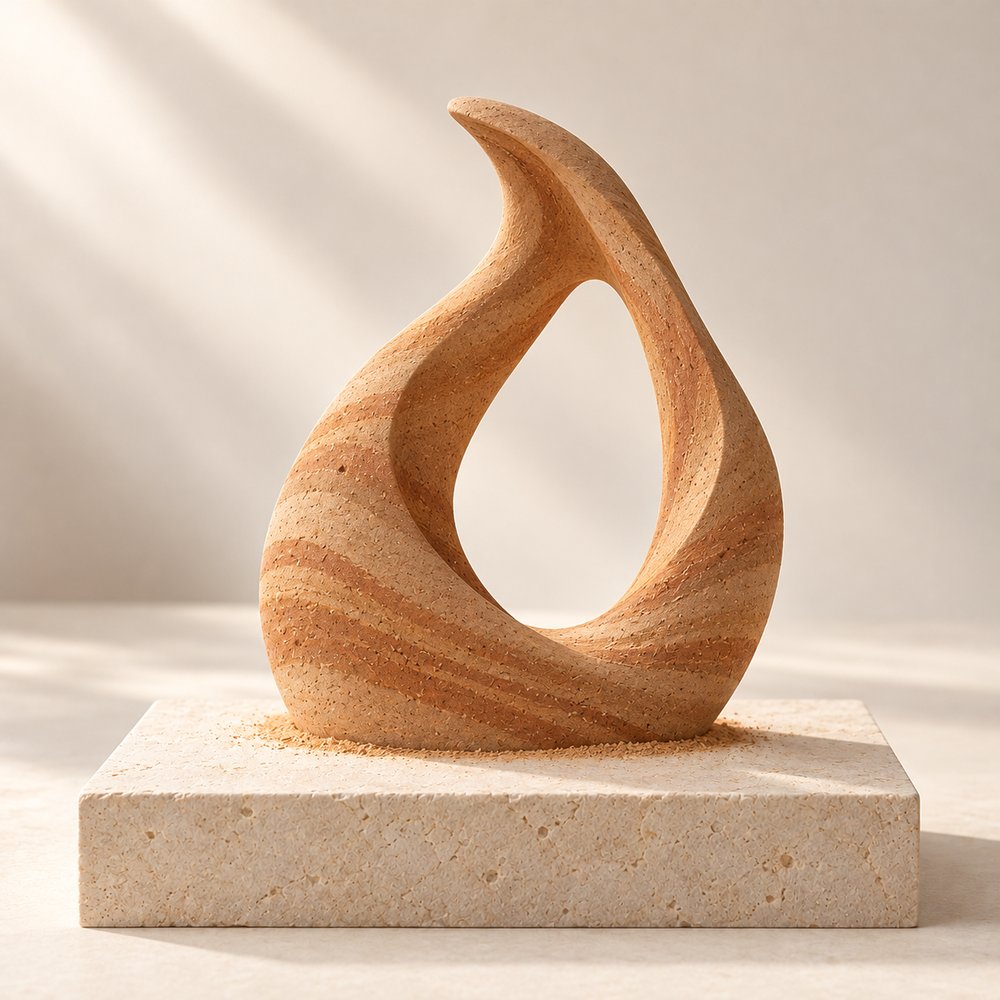 Banded sandstone sculpture on a travertine plinth — the Earth element