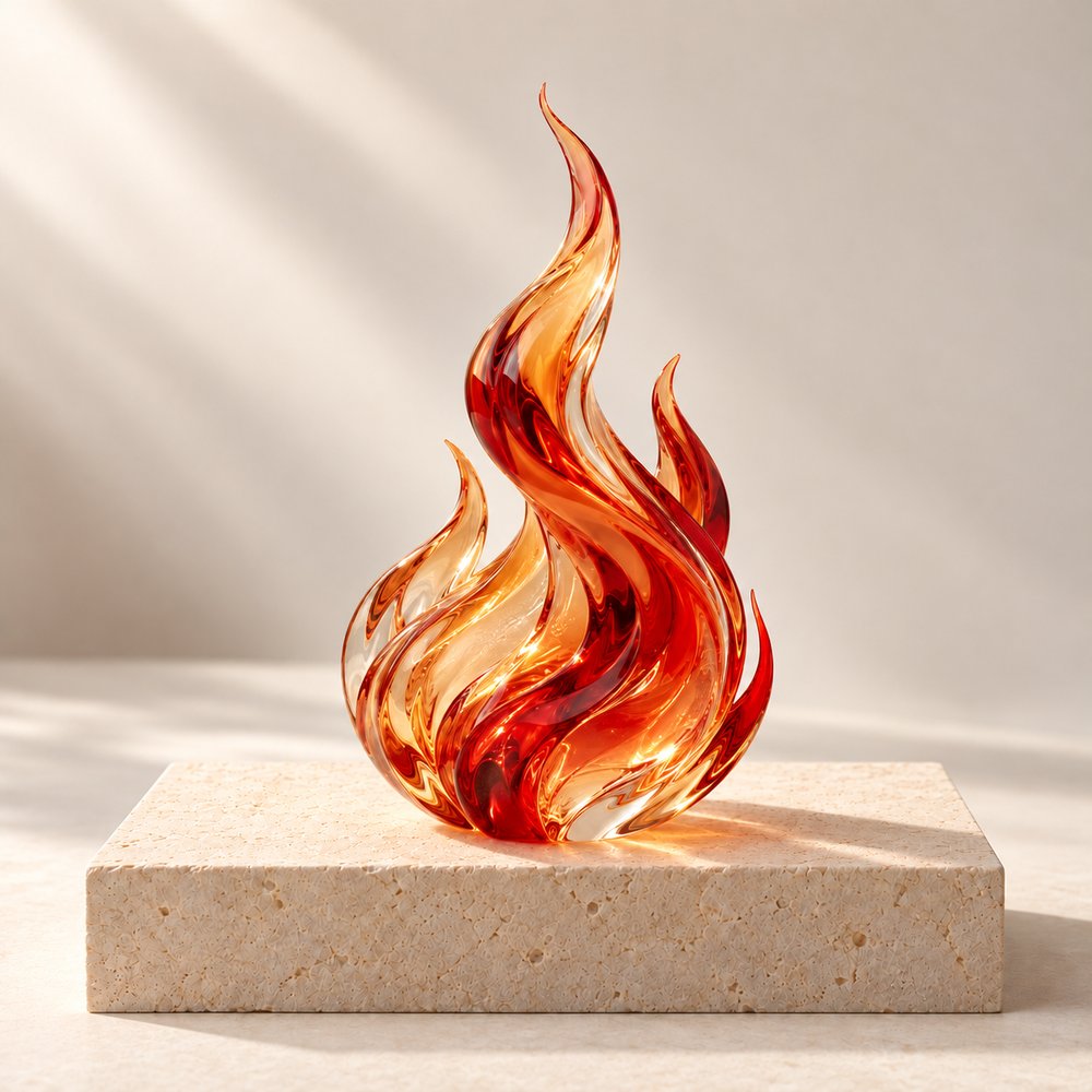 Red and amber glass flame on a travertine plinth — the Fire element