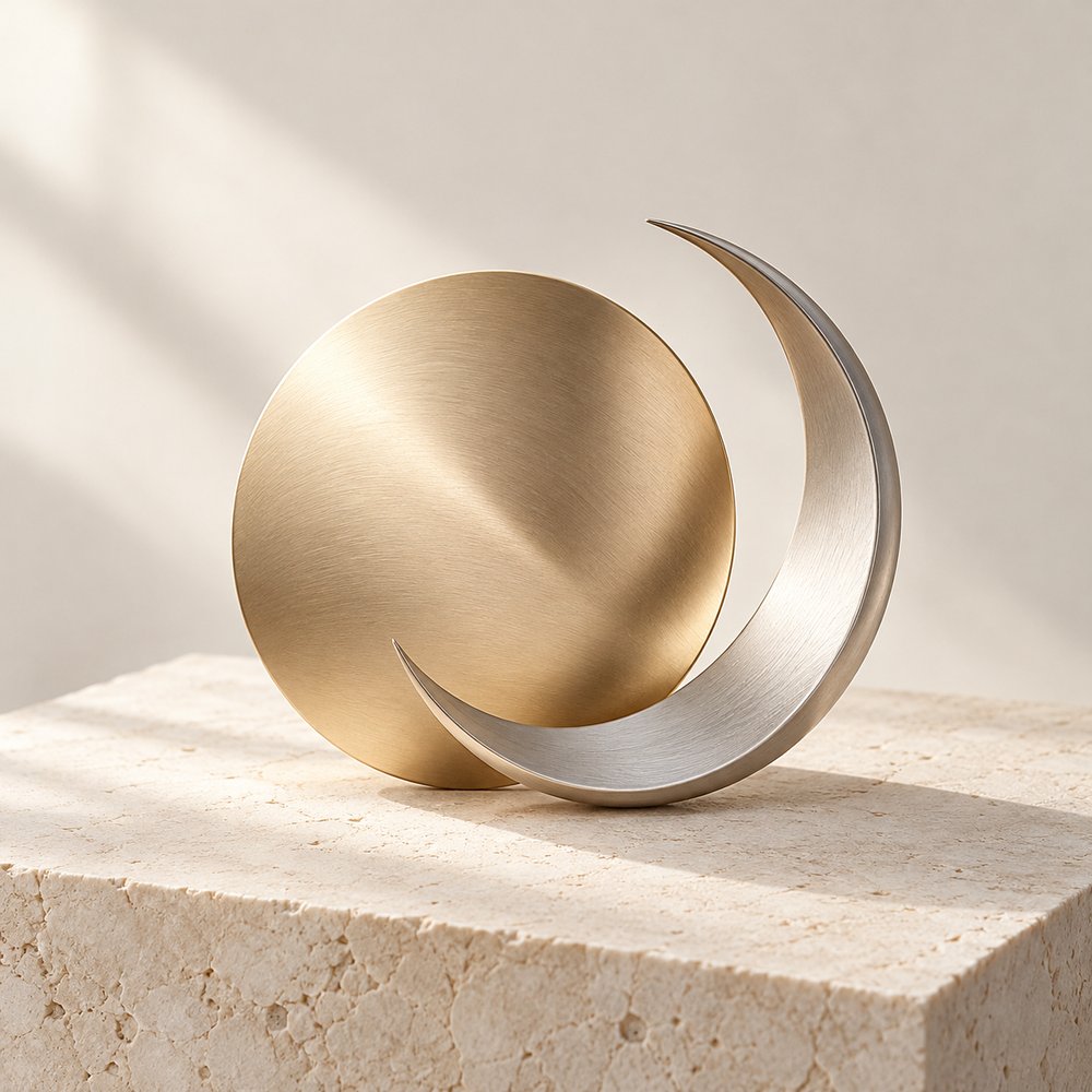 Brushed brass disc and silver crescent on a travertine plinth — the Metal element