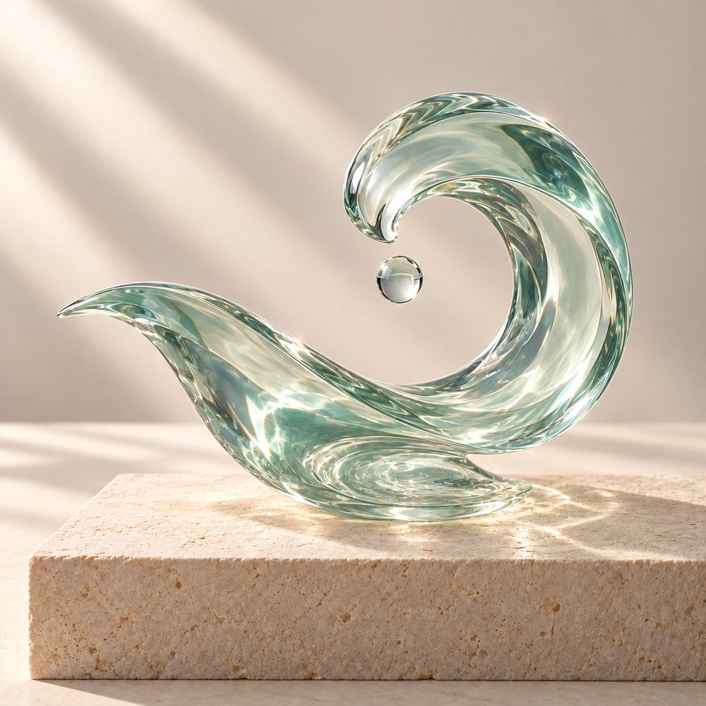 Clear glass wave with a falling droplet — the Water element