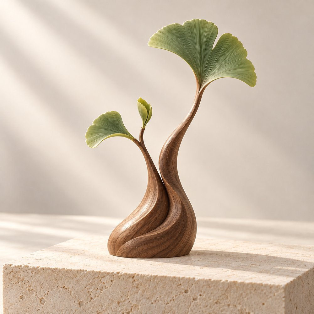 Carved walnut sculpture sprouting green leaves — the Wood element