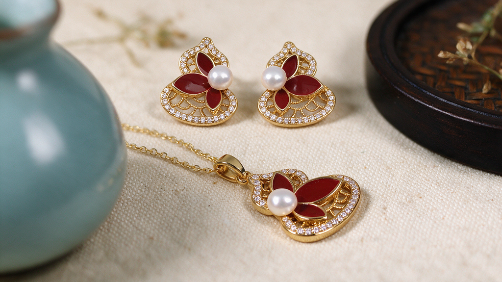 Golden Lotus Pearl Jewelry Set - necklace and earrings on silk
