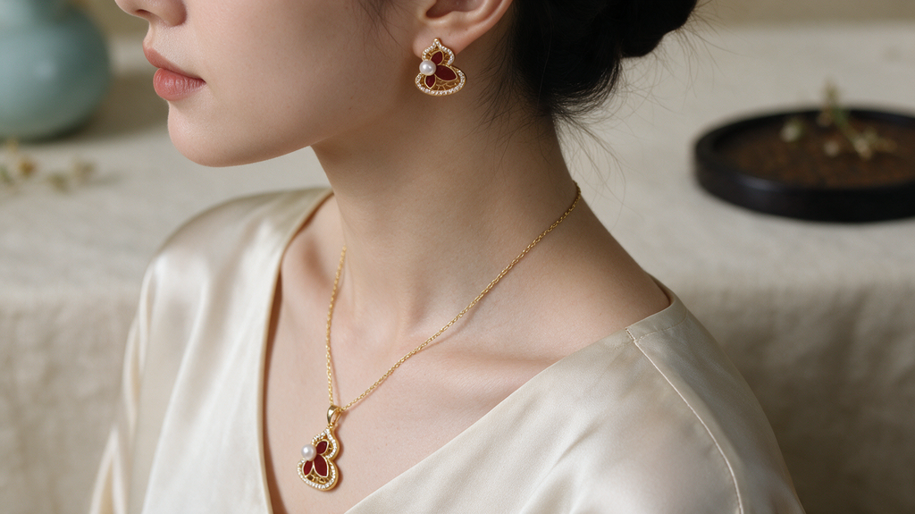 Model wearing Golden Lotus pearl necklace and earrings