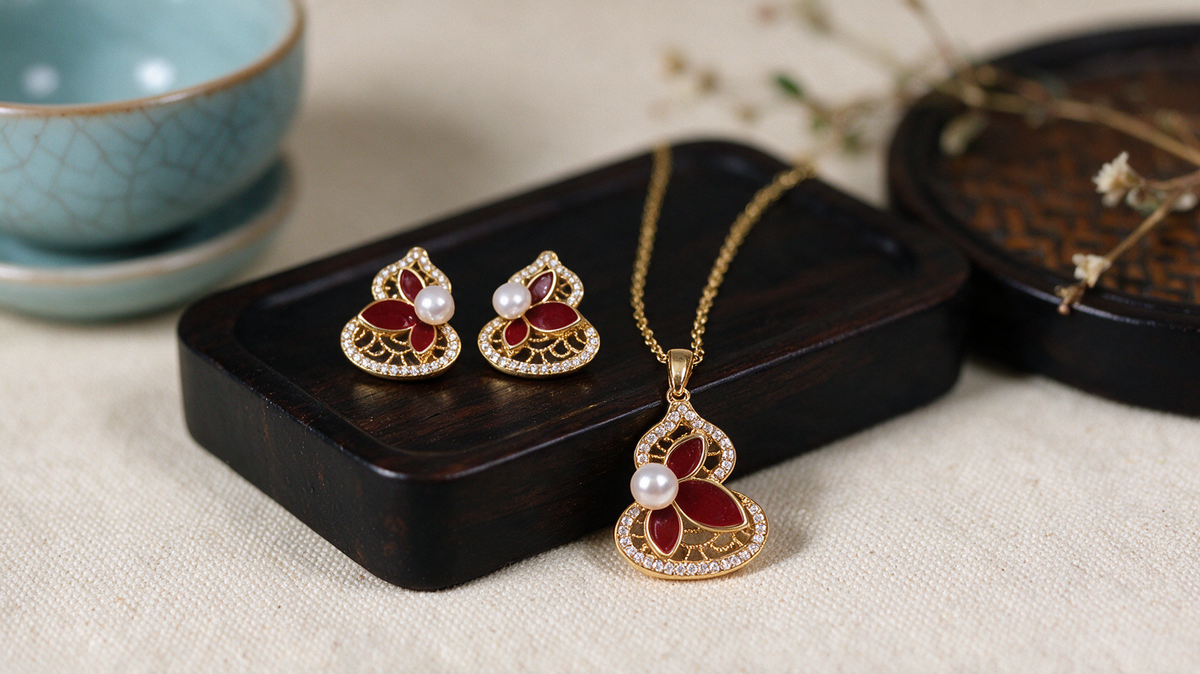 Pearl lotus jewelry set displayed on wooden tray